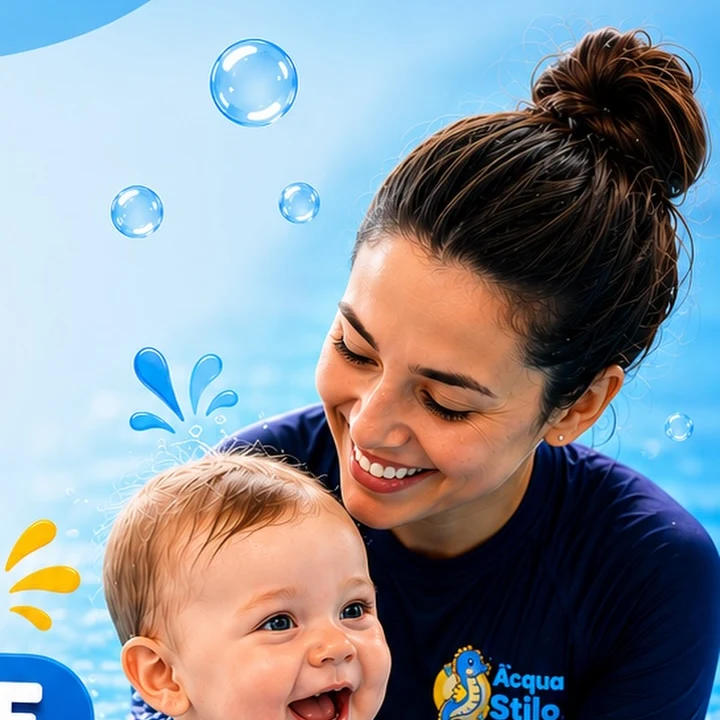 Professora segurando um bebê sorridente dentro da piscina